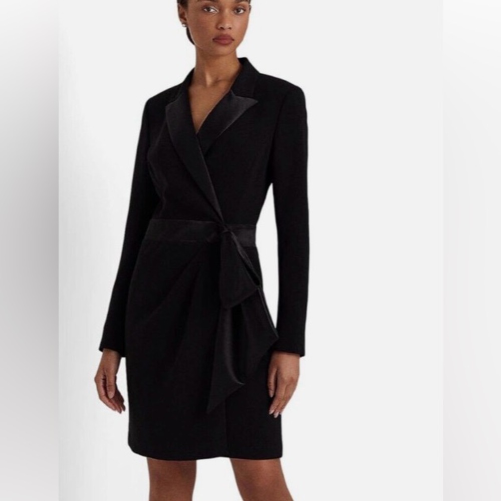 NWT Lauren Ralph Lauren Black Label Satin Collar Faux Wrap Tuxedo Dress Size 10 - Picture 3 of 5
